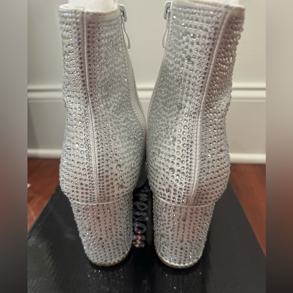 Rhinestone-Studded White Ankle Boots - Block Chunky Heel - Picture 3 of 4